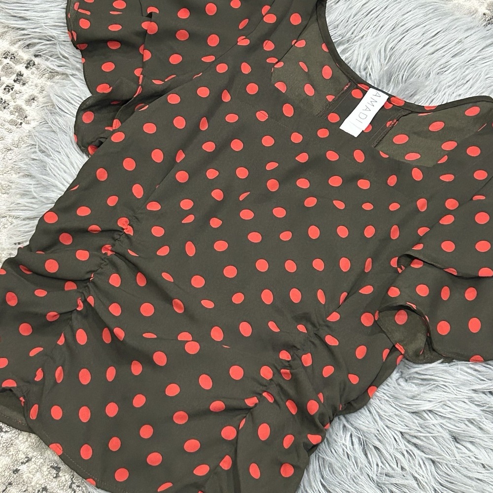 Anthropologie Amadi‎ Women's Brown Top W/Red Polka Dot Flutter Sleeve Size XS